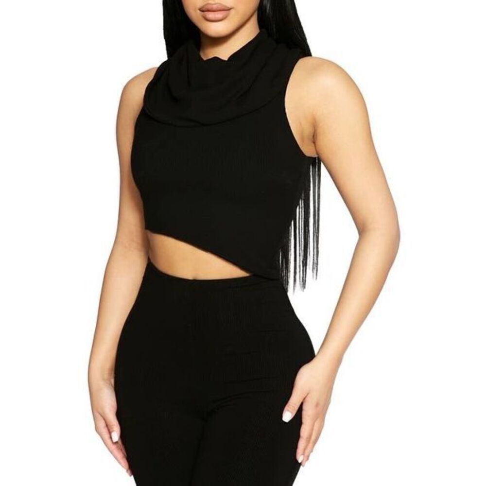 Naked Wardrobe Ribbed Sleeveless Cowl neck Asymmetrical Crop Top In Black